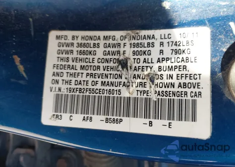 2012 Honda Civic Lx из США, поврежденный, VIN 19XFB2F55CE016015